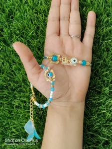 Blue evil eye bangle couple set